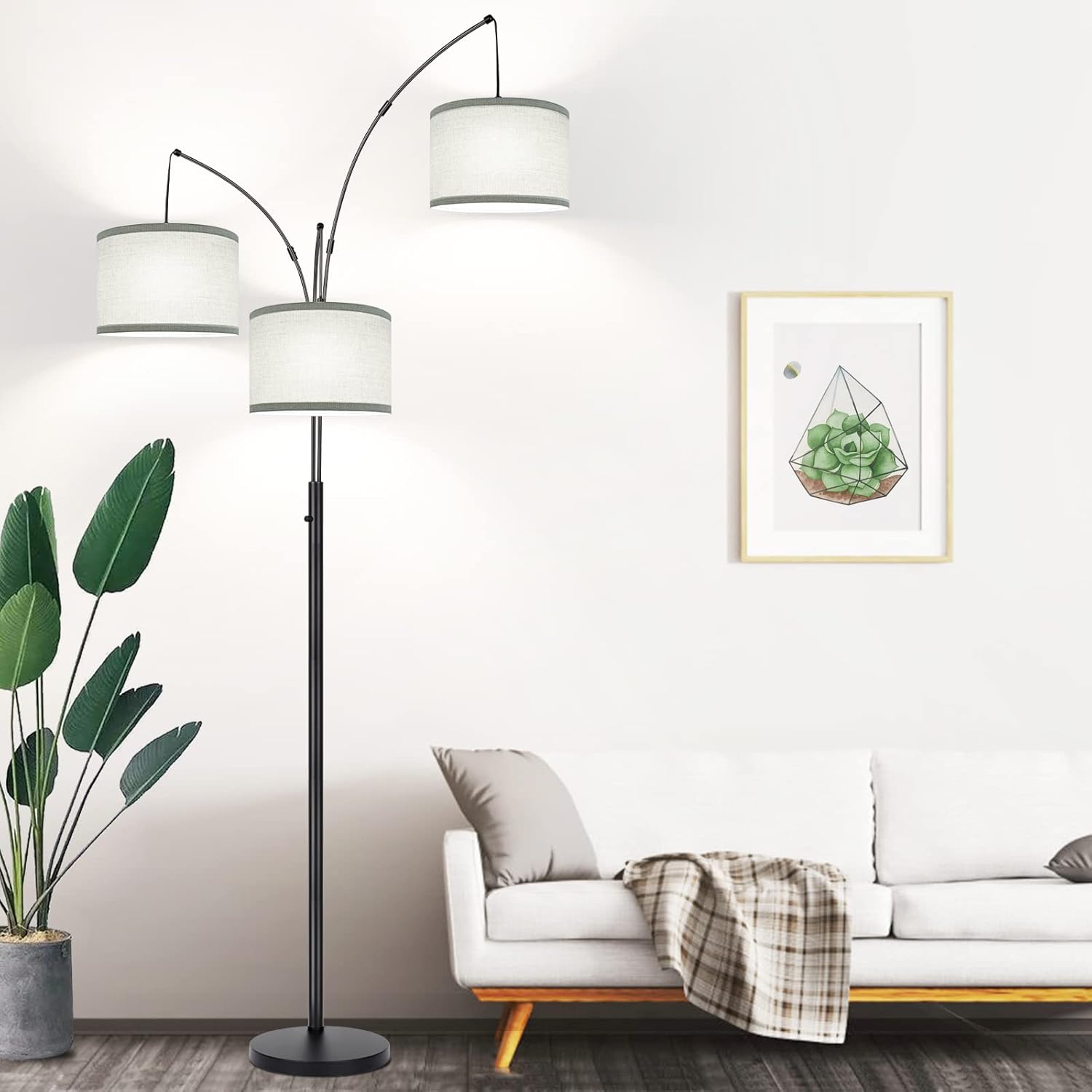Dimmable 3 Lights Floor Lamp - 3000LM Super Bright Arc Floor Lamps for Living Room, Modern Tall Standing Lamp With Beige Shades, Mid Century Tree Floor Lamp