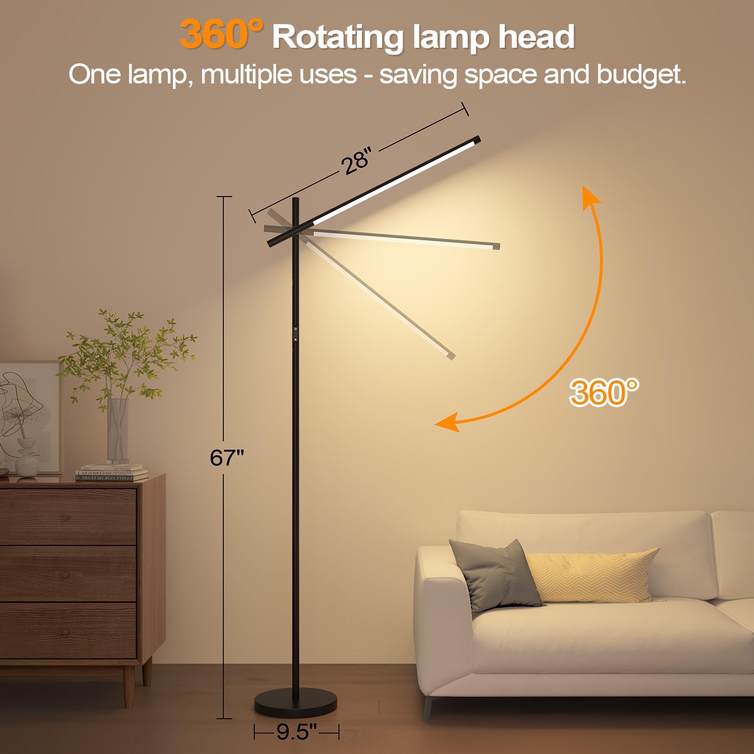 LED Corner Floor Lamp, 360°Rotating Head, Super Bright 1800LM Dimmable Minimalist Floor Lamps with Remote Control,3000K-6000K Modern Corner Light,67" Tall Standing Lamp