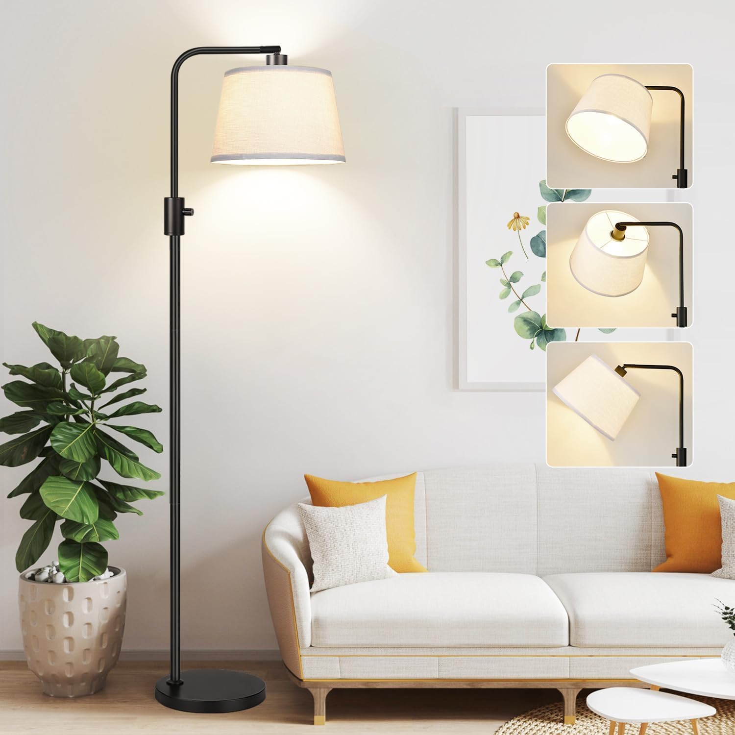 Dimmable Floor Lamp, 1000 Lumens LED Edison Bulb Included, Arc Floor Lamps for Living Room Modern Standing Lamp with Linen Shade, Tall Lamp for Bedroom Office Dining Room