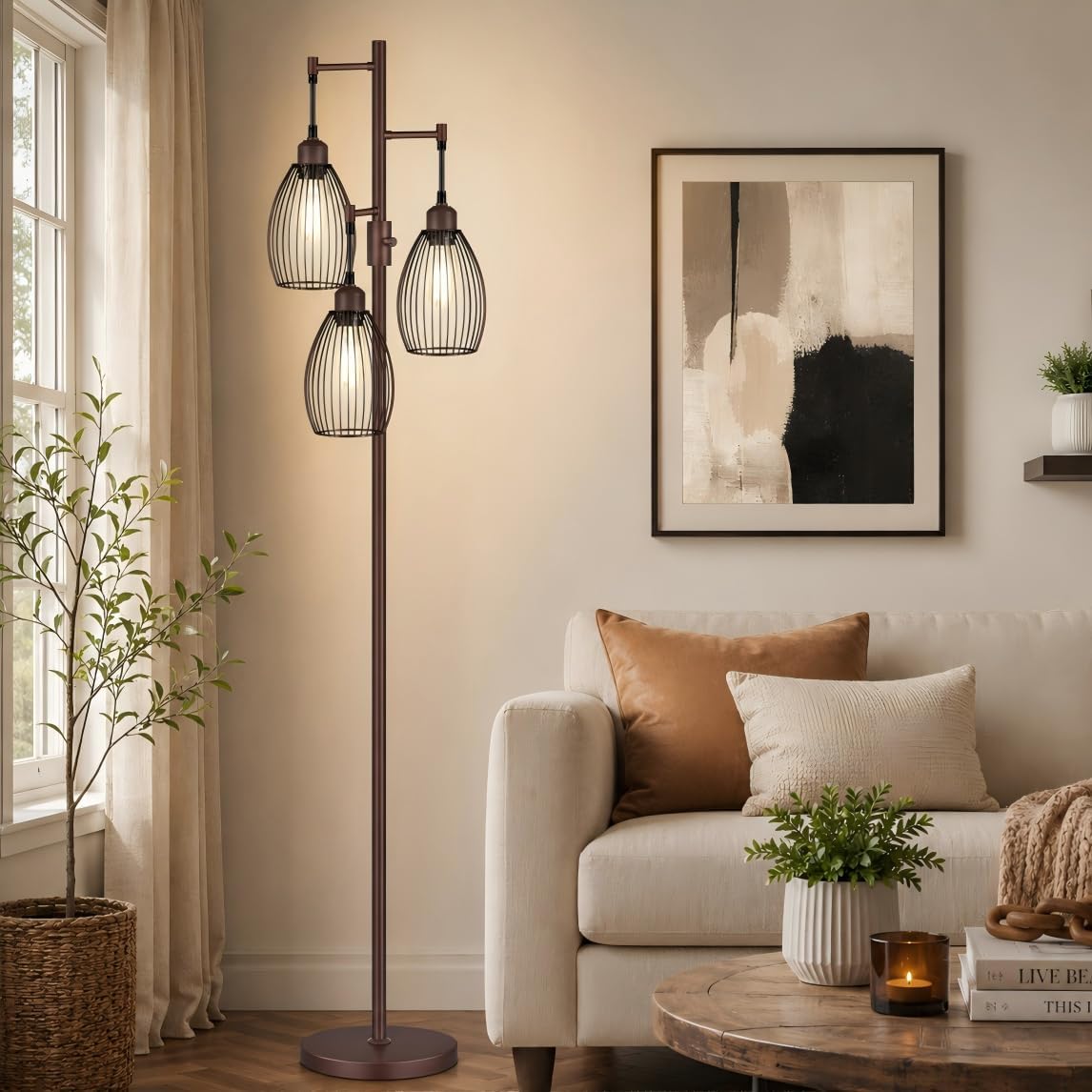 Dimmable Floor Lamp, 3 x 800LM LED Edison Bulbs Included, Farmhouse Industrial Floor Lamp Standing Tree Lamp with Elegant Teardrop Cage Tall Lamps