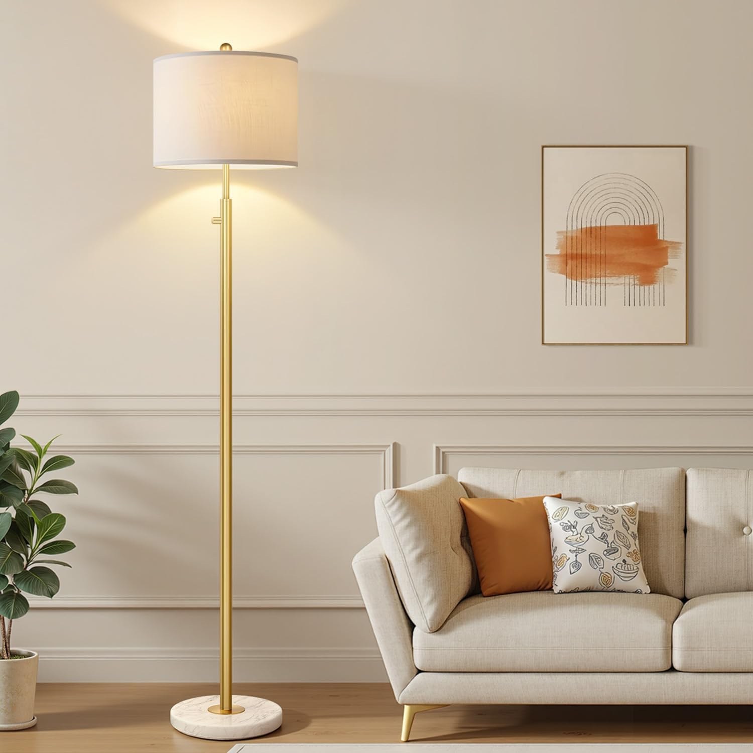Dimmable Gold Floor Lamps for Living Room, 11W LED Bulb Included, Modern Standing Lamp with Marble Base, Tall Pole Light with White Linen Shade