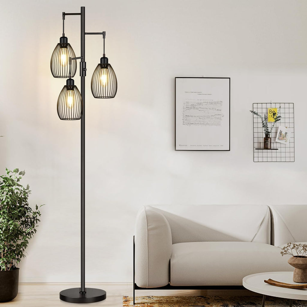 Dimmable Floor Lamp, 3 x 800LM LED Edison Bulbs Included, Farmhouse Industrial Floor Lamp Standing Tree Lamp with Elegant Teardrop Cage Tall Lamps