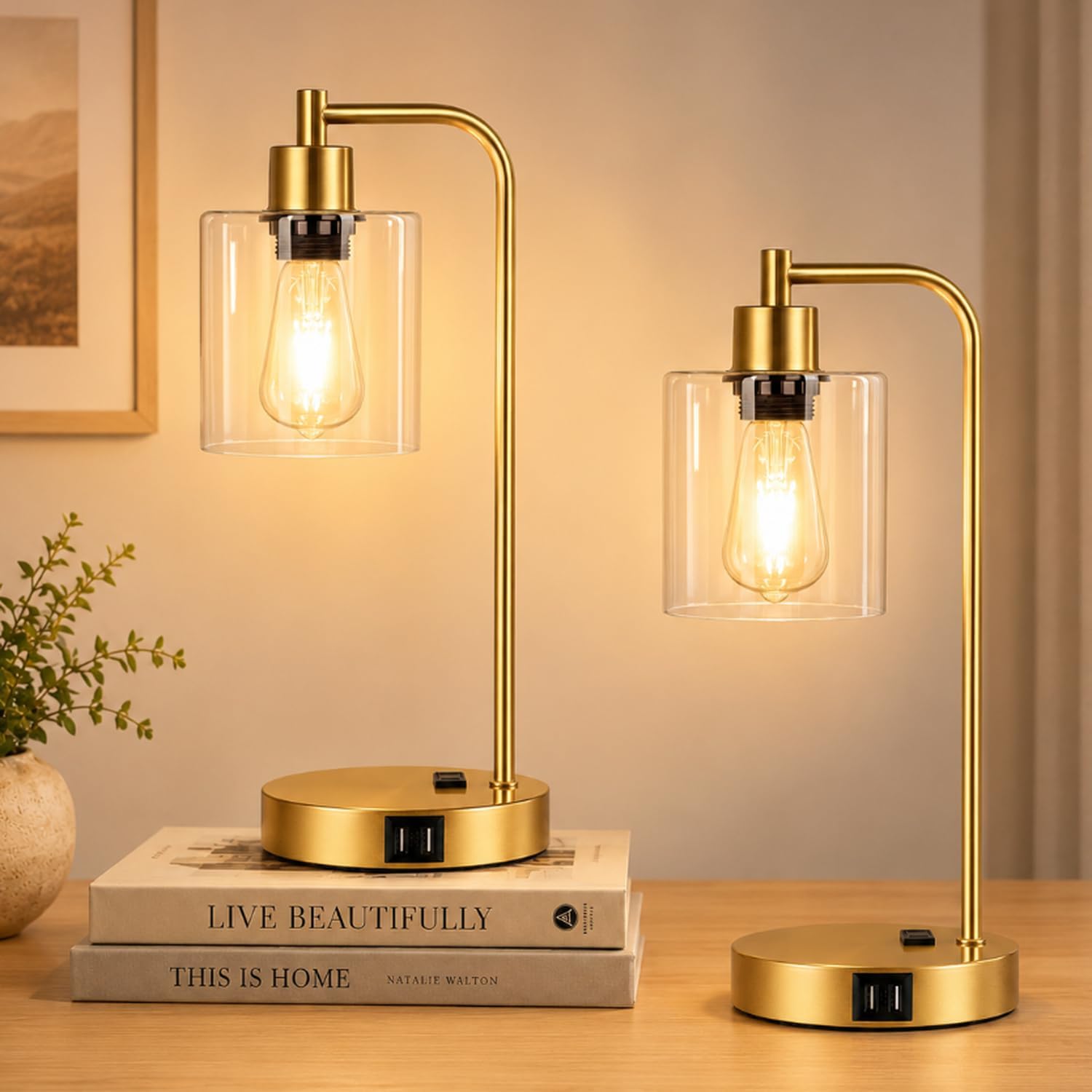 Set of 2 Industrial Touch Control Table Lamps with USB C+A Ports and AC Outlet - 3-Way Dimmable Black Bedside Lamps Nightstand Desk Lamps for Bedroom Living Room, Glass Shade & 2 LED Bulbs Included