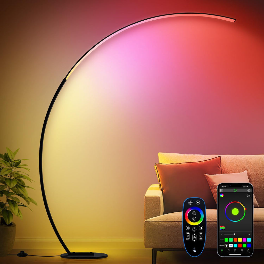 RGB Floor Lamp with 3 Color Temperatures, Ultra Bright 1800LM Smart Arc LED Floor Lamp with Remote Control, Music Sync, Scene Modes, Modern Standing Tall Lamp