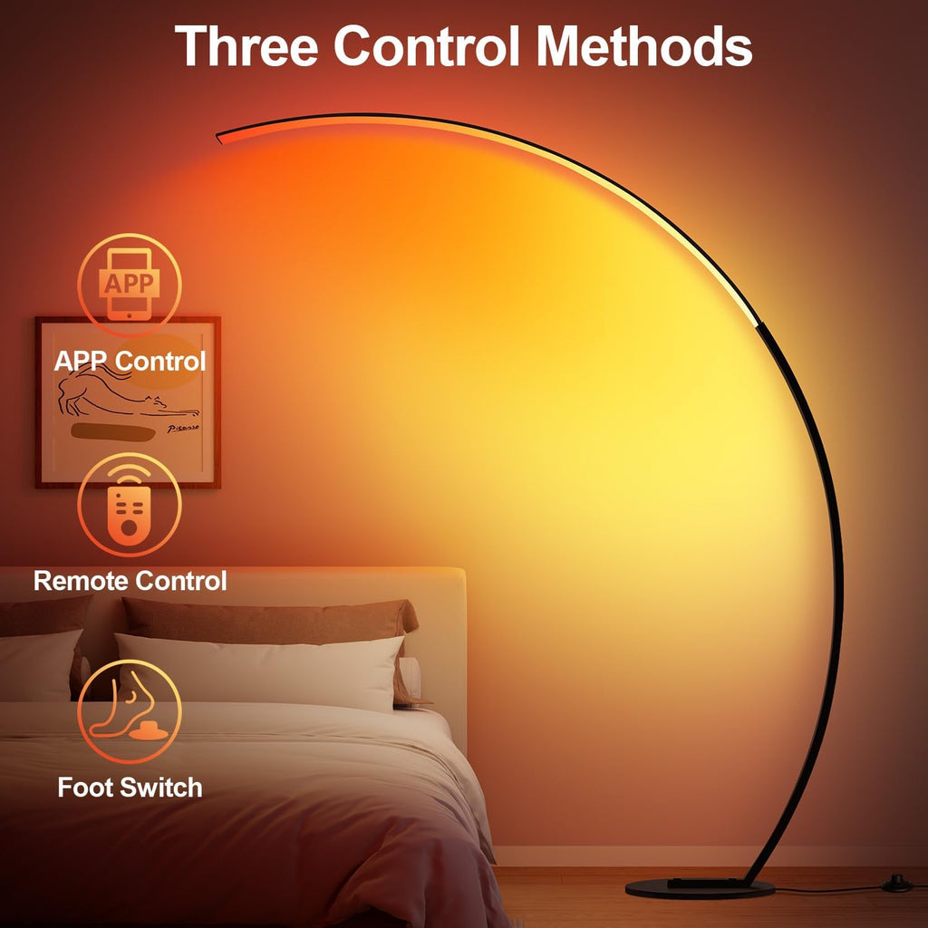 RGB Floor Lamp with 3 Color Temperatures, Ultra Bright 1800LM Smart Arc LED Floor Lamp with Remote Control, Music Sync, Scene Modes, Modern Standing Tall Lamp