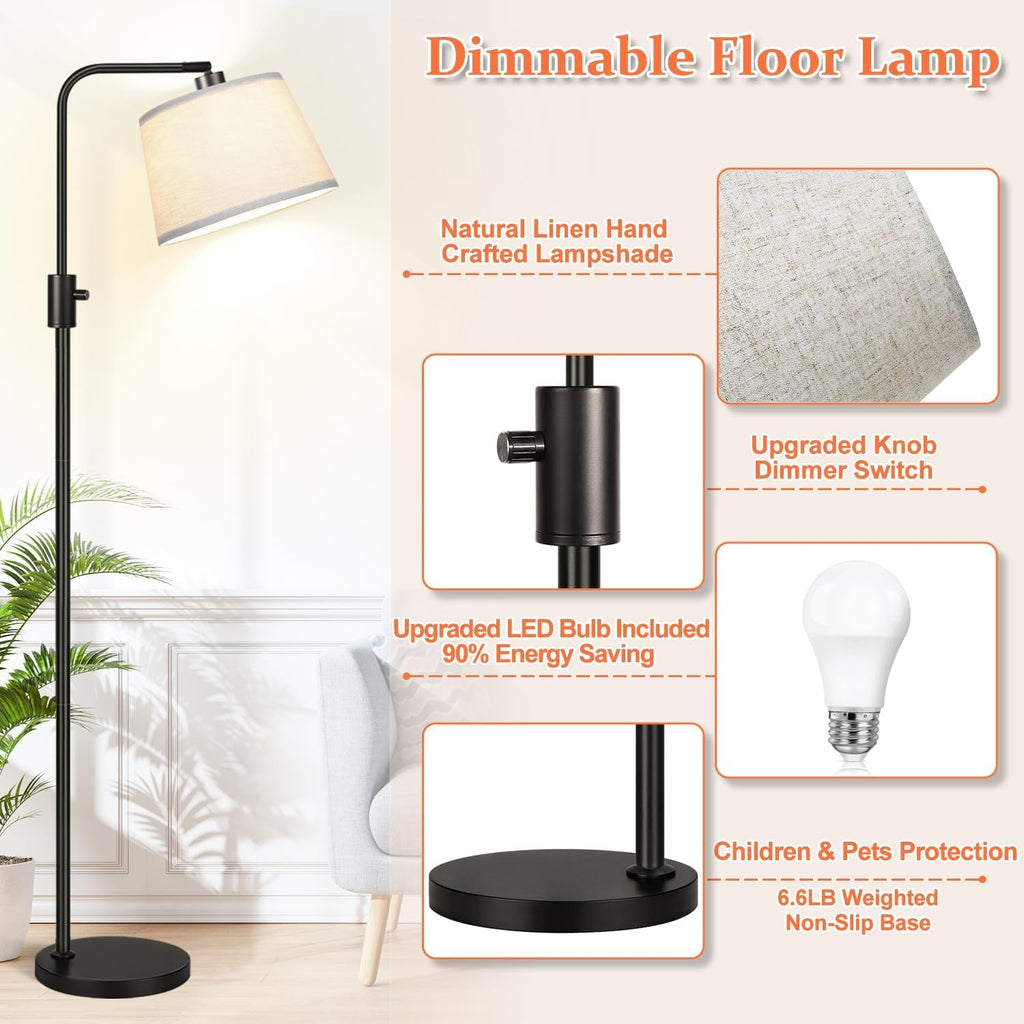 Dimmable Floor Lamp, 1000 Lumens LED Edison Bulb Included, Arc Floor Lamps for Living Room Modern Standing Lamp with Linen Shade, Tall Lamp for Bedroom Office Dining Room