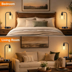 Set of 2 Industrial Touch Control Table Lamps with USB C+A Ports and AC Outlet - 3-Way Dimmable Black Bedside Lamps Nightstand Desk Lamps for Bedroom Living Room, Glass Shade & 2 LED Bulbs Included