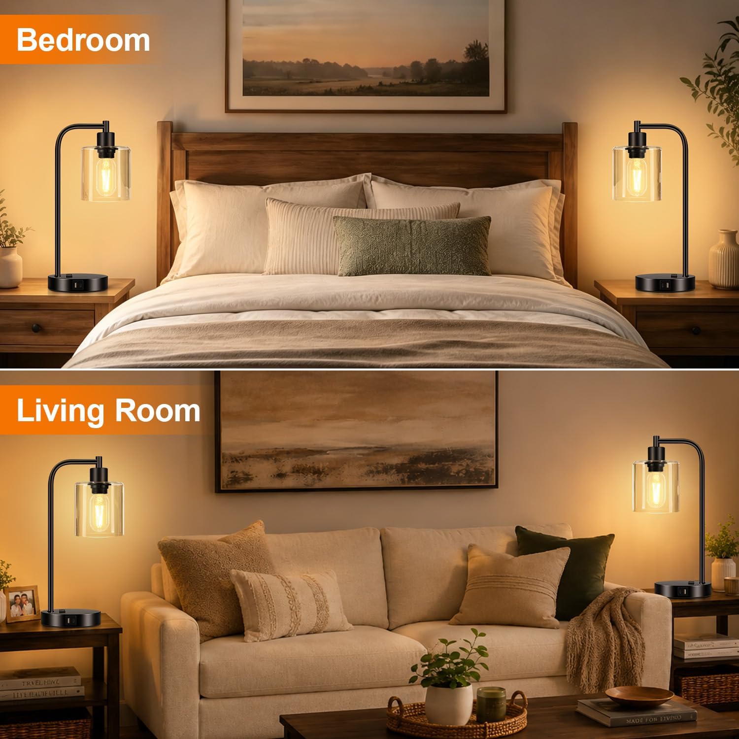 Set of 2 Industrial Touch Control Table Lamps with USB C+A Ports and AC Outlet - 3-Way Dimmable Black Bedside Lamps Nightstand Desk Lamps for Bedroom Living Room, Glass Shade & 2 LED Bulbs Included