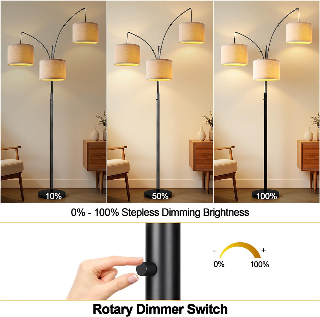 Dimmable 3 Lights Floor Lamp - 3000LM Super Bright Arc Floor Lamps for Living Room, Modern Tall Standing Lamp With Beige Shades, Mid Century Tree Floor Lamp