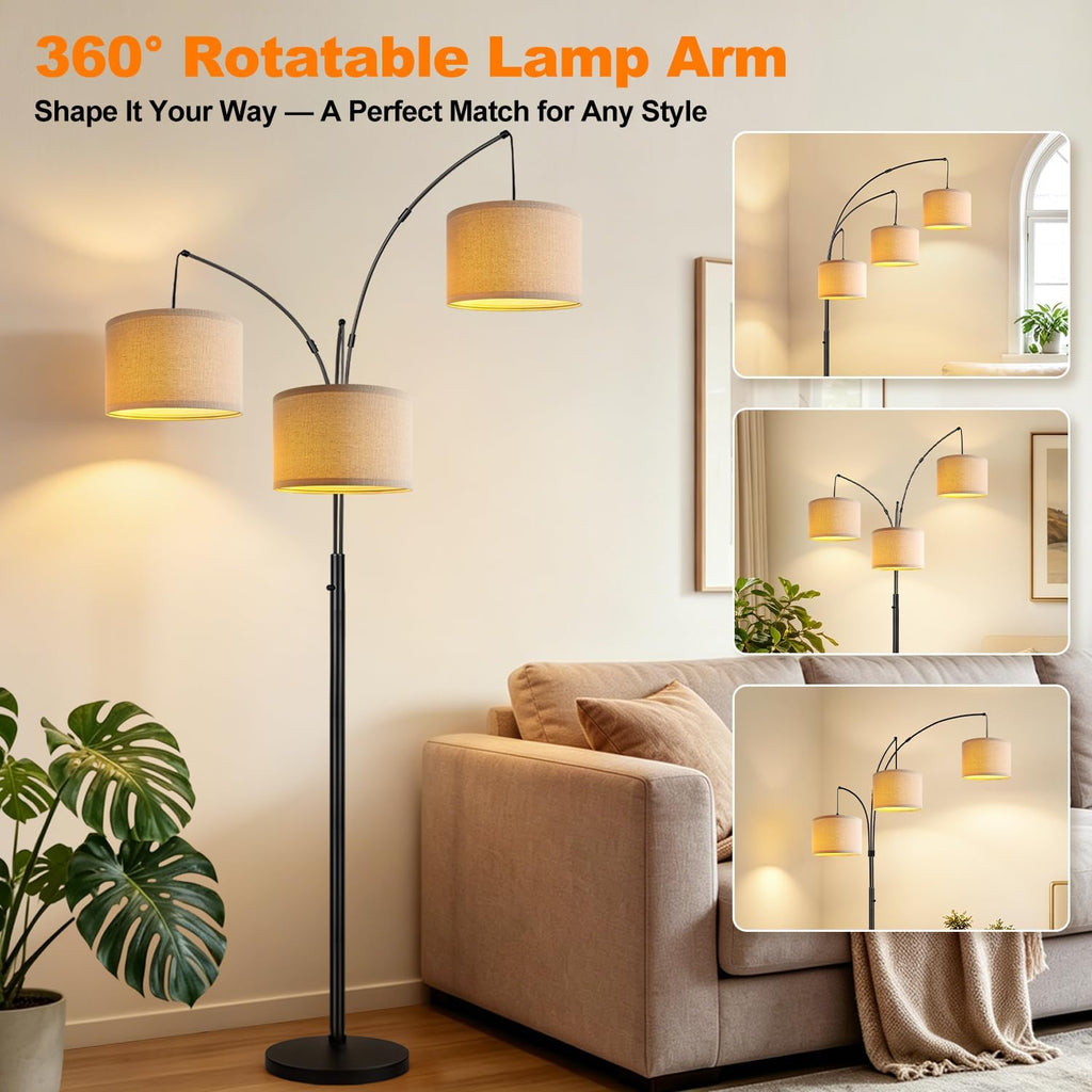 Dimmable 3 Lights Floor Lamp - 3000LM Super Bright Arc Floor Lamps for Living Room, Modern Tall Standing Lamp With Beige Shades, Mid Century Tree Floor Lamp
