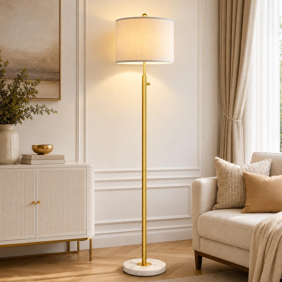 Dimmable Gold Floor Lamps for Living Room, 11W LED Bulb Included, Modern Standing Lamp with Marble Base, Tall Pole Light with White Linen Shade