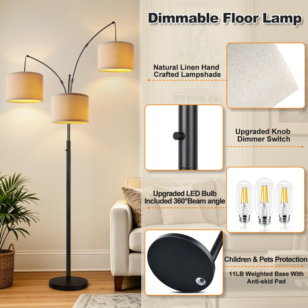 Dimmable 3 Lights Floor Lamp - 3000LM Super Bright Arc Floor Lamps for Living Room, Modern Tall Standing Lamp With Beige Shades, Mid Century Tree Floor Lamp