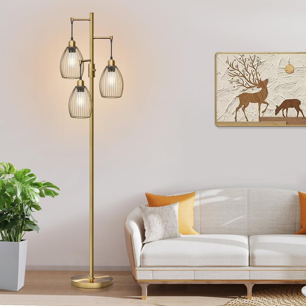 Dimmable Floor Lamp, 3 x 800LM LED Edison Bulbs Included, Farmhouse Industrial Floor Lamp Standing Tree Lamp with Elegant Teardrop Cage Tall Lamps