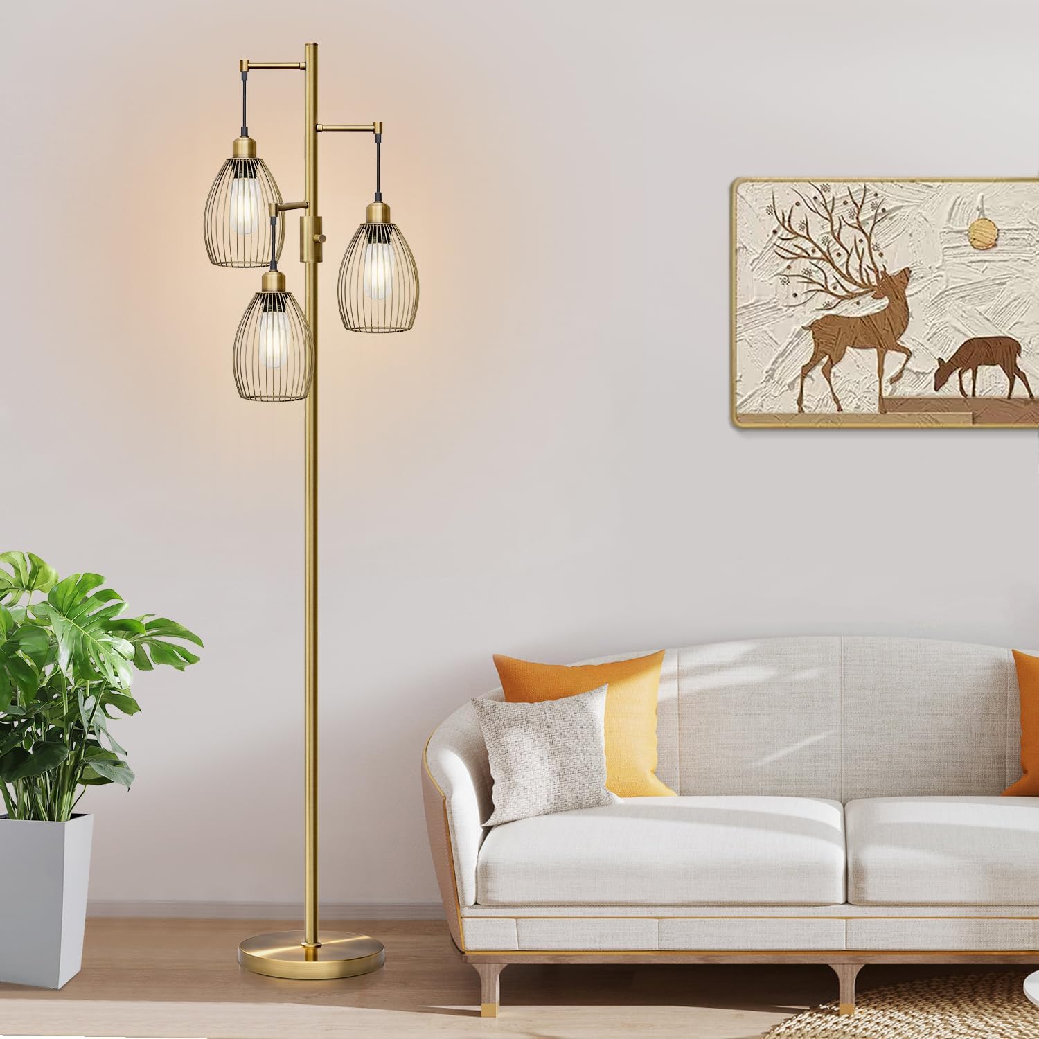 Dimmable Floor Lamp, 3 x 800LM LED Edison Bulbs Included, Farmhouse Industrial Floor Lamp Standing Tree Lamp with Elegant Teardrop Cage Tall Lamps