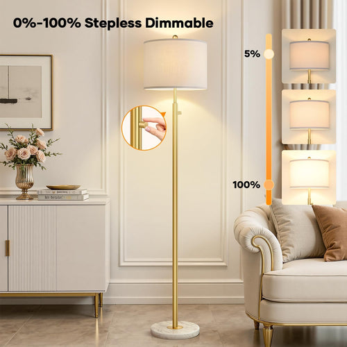 Dimmable Gold Floor Lamps for Living Room, 11W LED Bulb Included, Modern Standing Lamp with Marble Base, Tall Pole Light with White Linen Shade