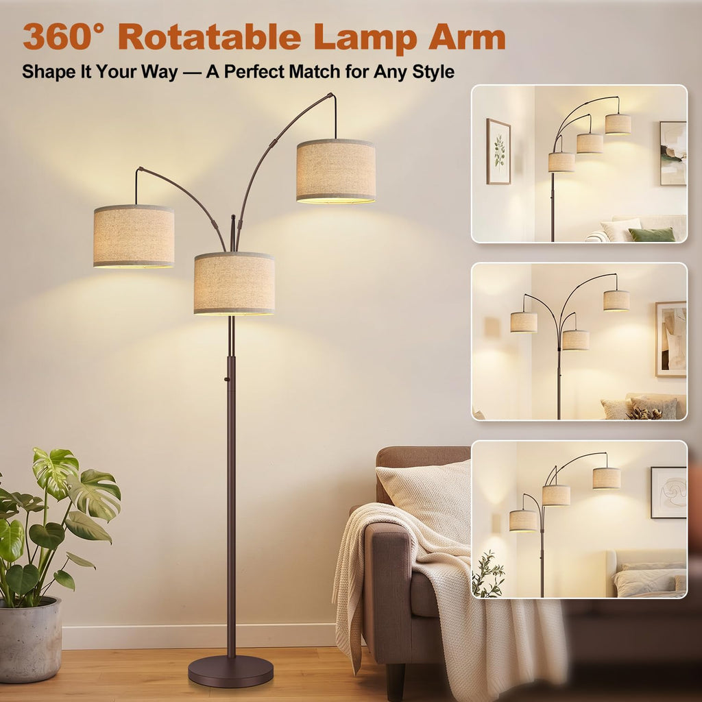 Dimmable Floor Lamp - 3 Lights Gold Arc Floor Lamps for Living Room, 1000LM Modern Tall Standing Lamp with Black Shades&Heavy Base,3 LED Bulbs Included-Matte Brown