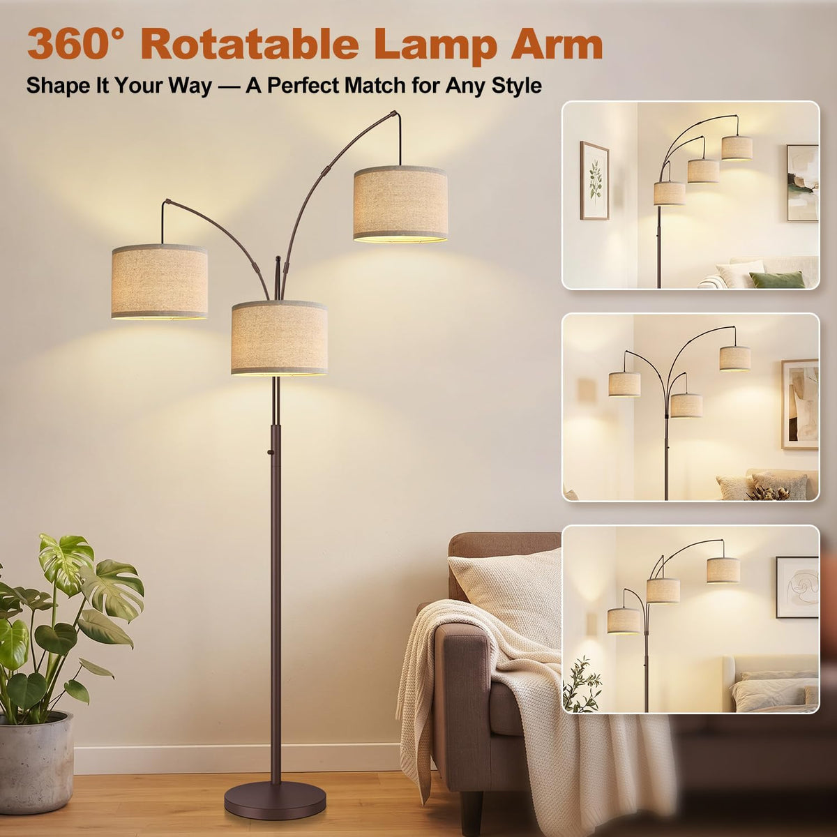 Dimmable Floor Lamp - 3 Lights Gold Arc Floor Lamps for Living Room, 1000LM Modern Tall Standing Lamp with Black Shades&Heavy Base,3 LED Bulbs Included-Matte Brown