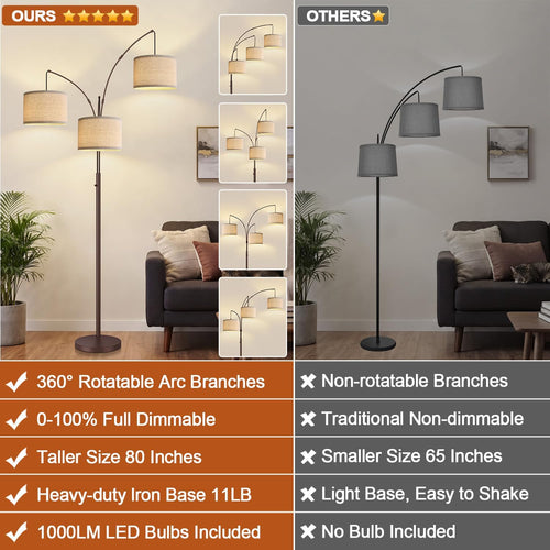Dimmable Floor Lamp - 3 Lights Gold Arc Floor Lamps for Living Room, 1000LM Modern Tall Standing Lamp with Black Shades&Heavy Base,3 LED Bulbs Included-Matte Brown