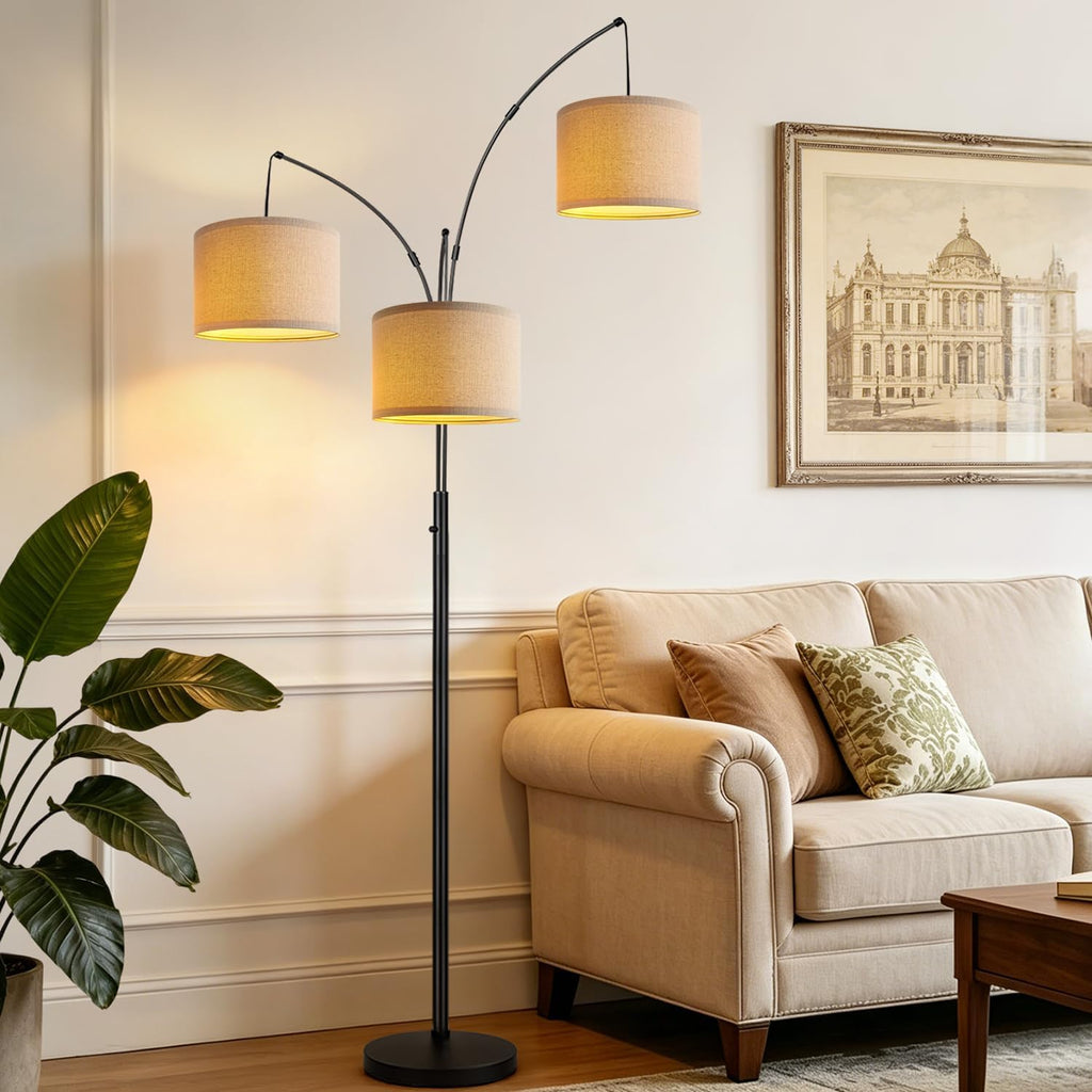 Dimmable 3 Lights Floor Lamp - 3000LM Super Bright Arc Floor Lamps for Living Room, Modern Tall Standing Lamp With Beige Shades, Mid Century Tree Floor Lamp
