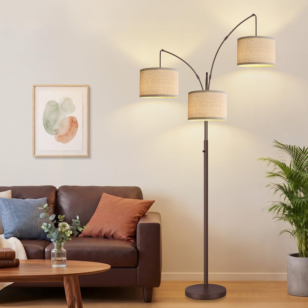 Dimmable Floor Lamp - 3 Lights Gold Arc Floor Lamps for Living Room, 1000LM Modern Tall Standing Lamp with Black Shades&Heavy Base,3 LED Bulbs Included-Matte Brown