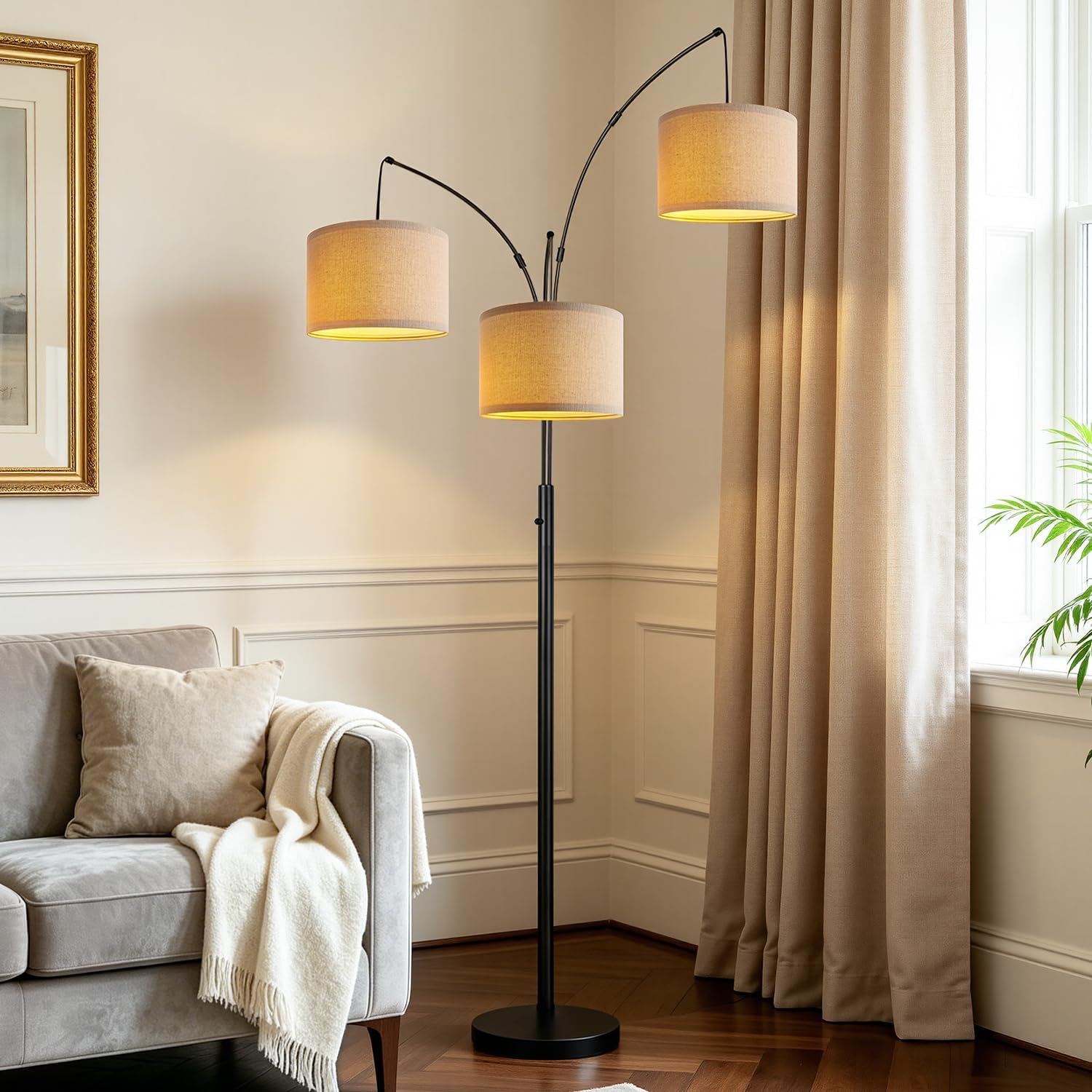 Dimmable 3 Lights Floor Lamp - 3000LM Super Bright Arc Floor Lamps for Living Room, Modern Tall Standing Lamp With Beige Shades, Mid Century Tree Floor Lamp