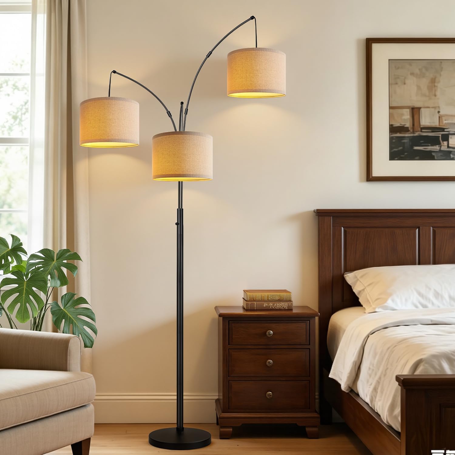 Dimmable 3 Lights Floor Lamp - 3000LM Super Bright Arc Floor Lamps for Living Room, Modern Tall Standing Lamp With Beige Shades, Mid Century Tree Floor Lamp