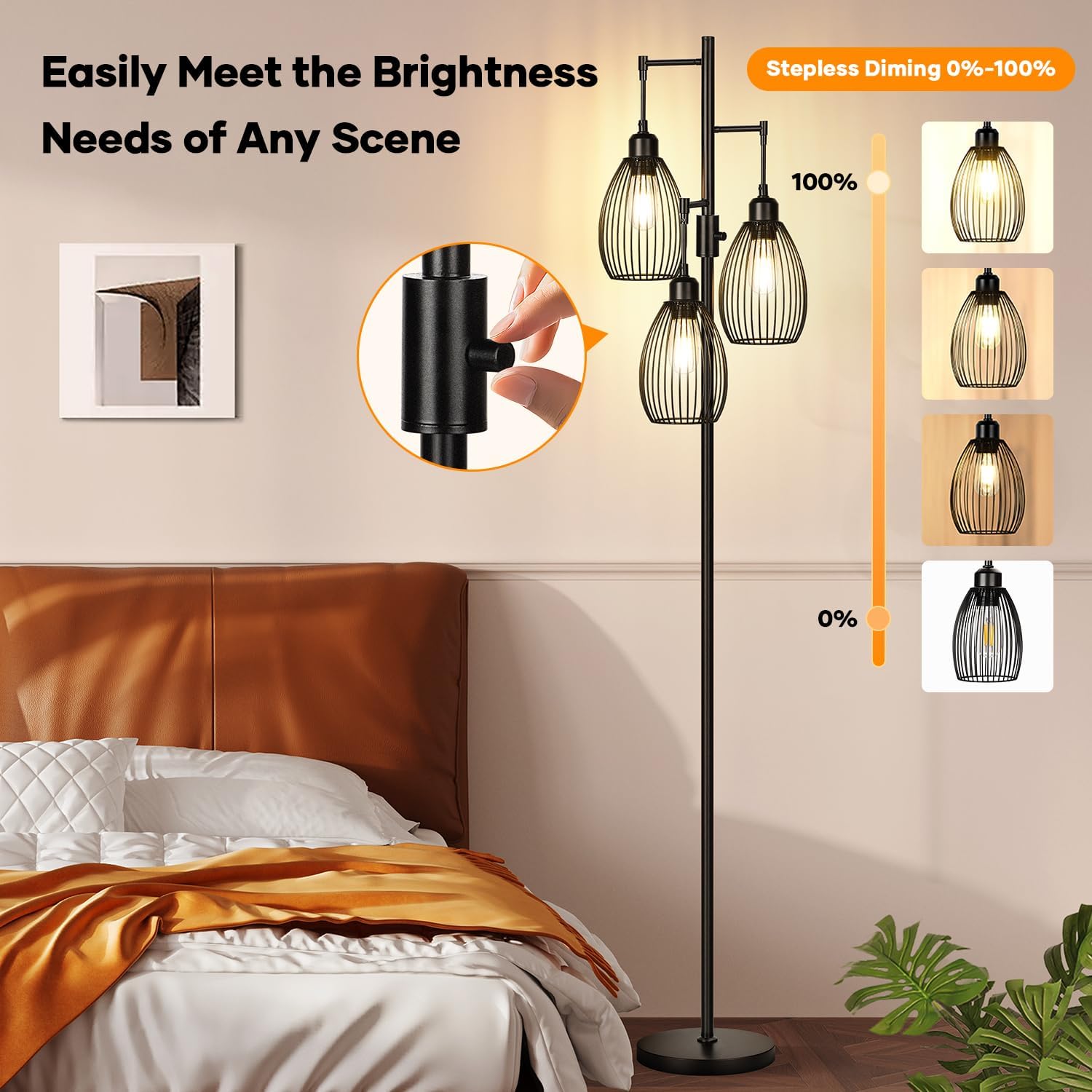 Dimmable Floor Lamp, 3 x 800LM LED Edison Bulbs Included, Farmhouse Industrial Floor Lamp Standing Tree Lamp with Elegant Teardrop Cage Tall Lamps