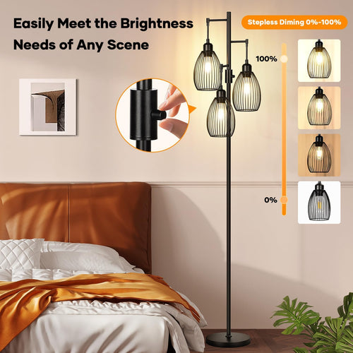 Dimmable Floor Lamp, 3 x 800LM LED Edison Bulbs Included, Farmhouse Industrial Floor Lamp Standing Tree Lamp with Elegant Teardrop Cage Tall Lamps