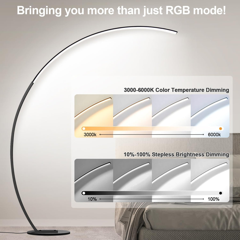 RGB Floor Lamp with 3 Color Temperatures, Ultra Bright 1800LM Smart Arc LED Floor Lamp with Remote Control, Music Sync, Scene Modes, Modern Standing Tall Lamp