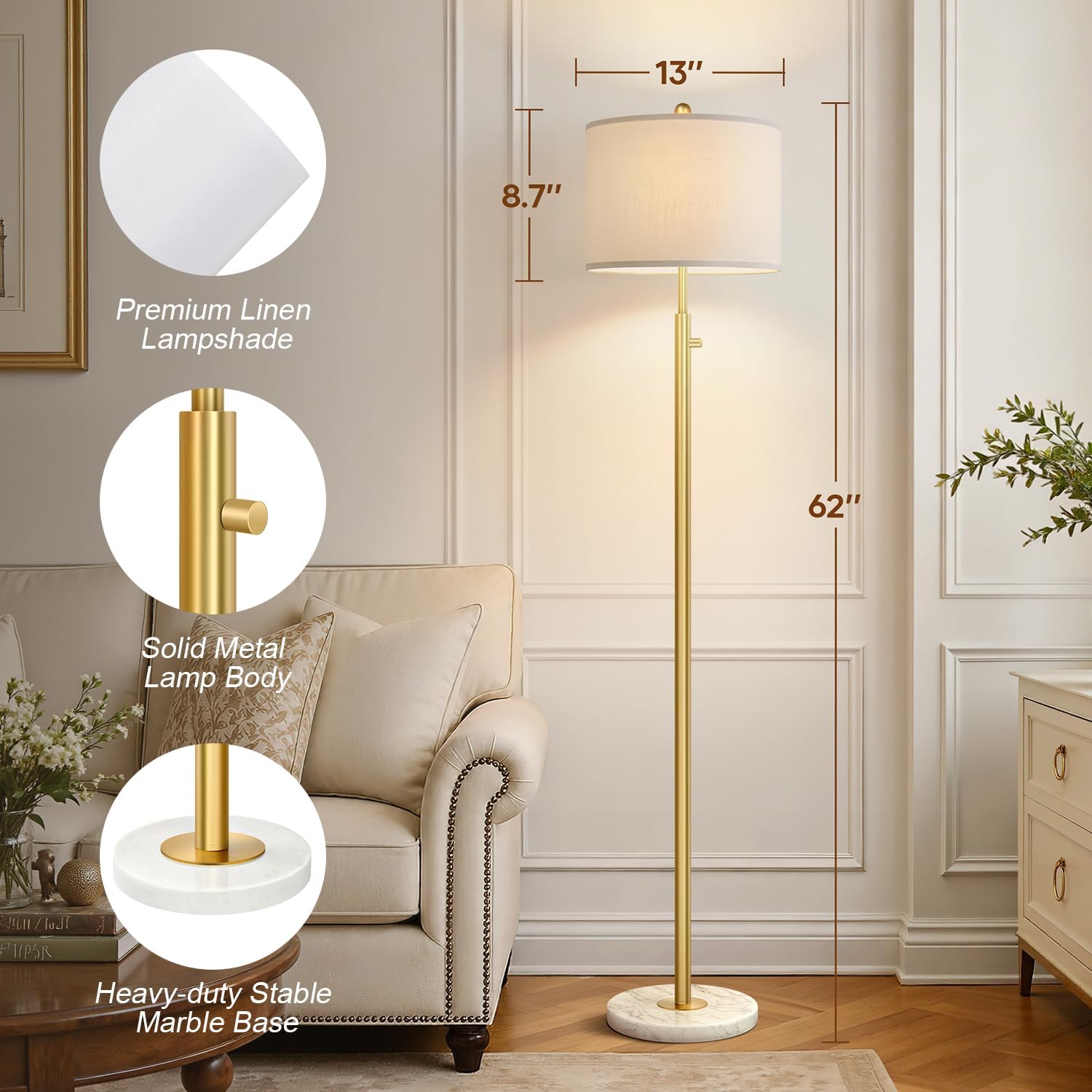 Dimmable Gold Floor Lamps for Living Room, 11W LED Bulb Included, Modern Standing Lamp with Marble Base, Tall Pole Light with White Linen Shade