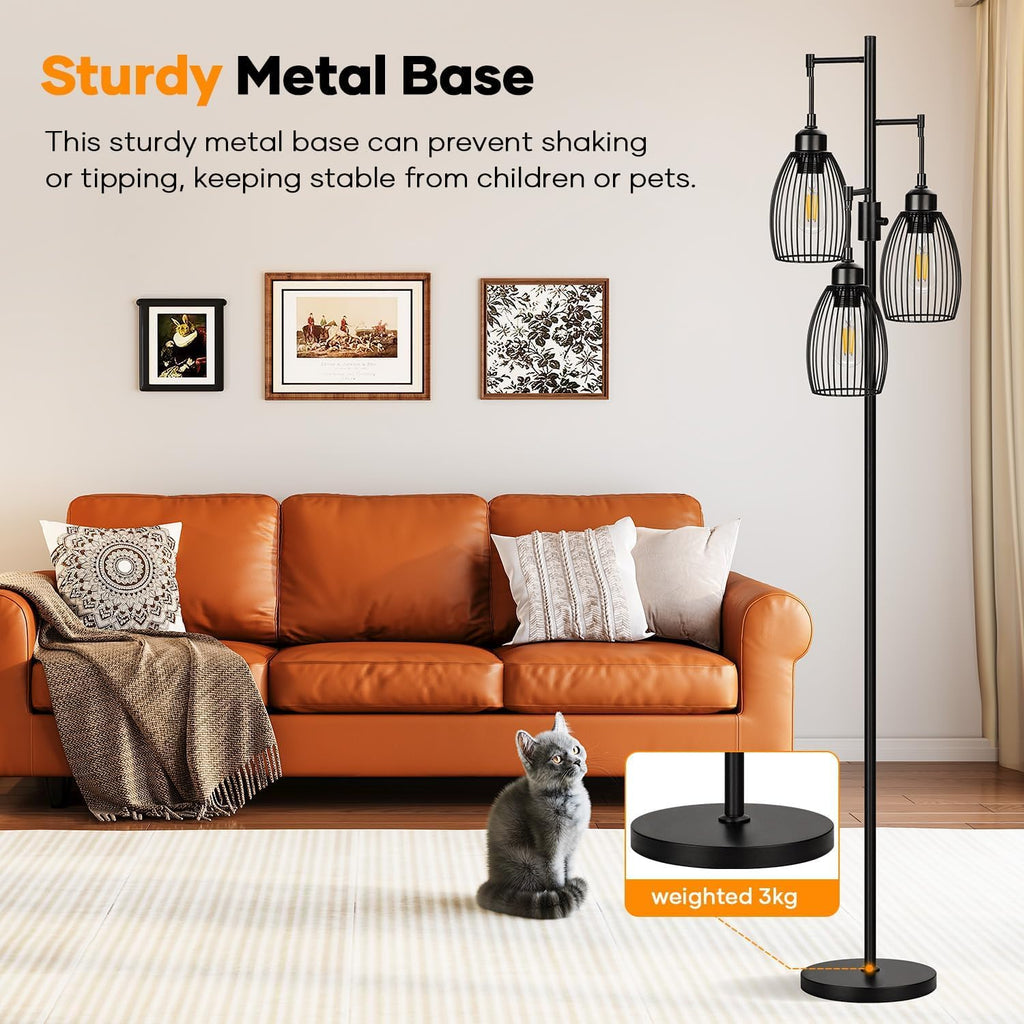Dimmable Floor Lamp, 3 x 800LM LED Edison Bulbs Included, Farmhouse Industrial Floor Lamp Standing Tree Lamp with Elegant Teardrop Cage Tall Lamps