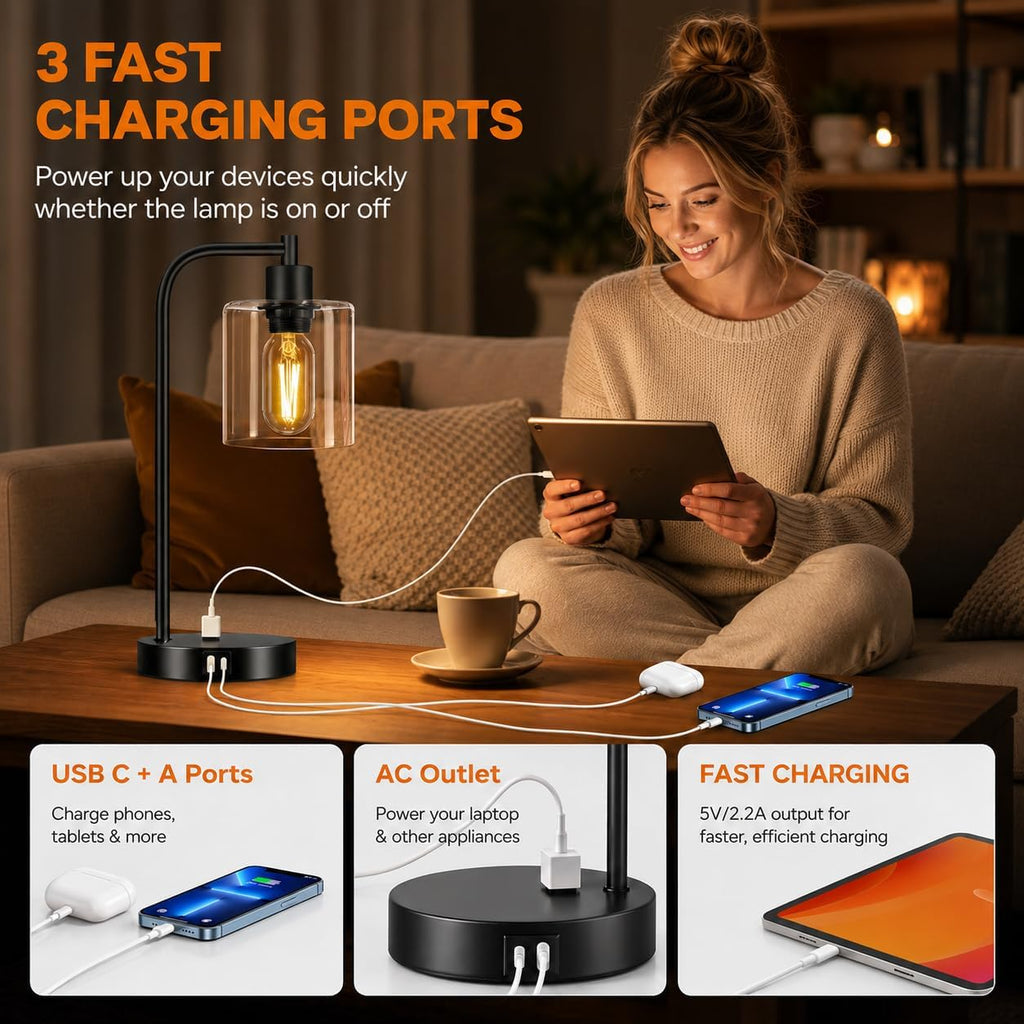 Set of 2 Industrial Touch Control Table Lamps with USB C+A Ports and AC Outlet - 3-Way Dimmable Black Bedside Lamps Nightstand Desk Lamps for Bedroom Living Room, Glass Shade & 2 LED Bulbs Included