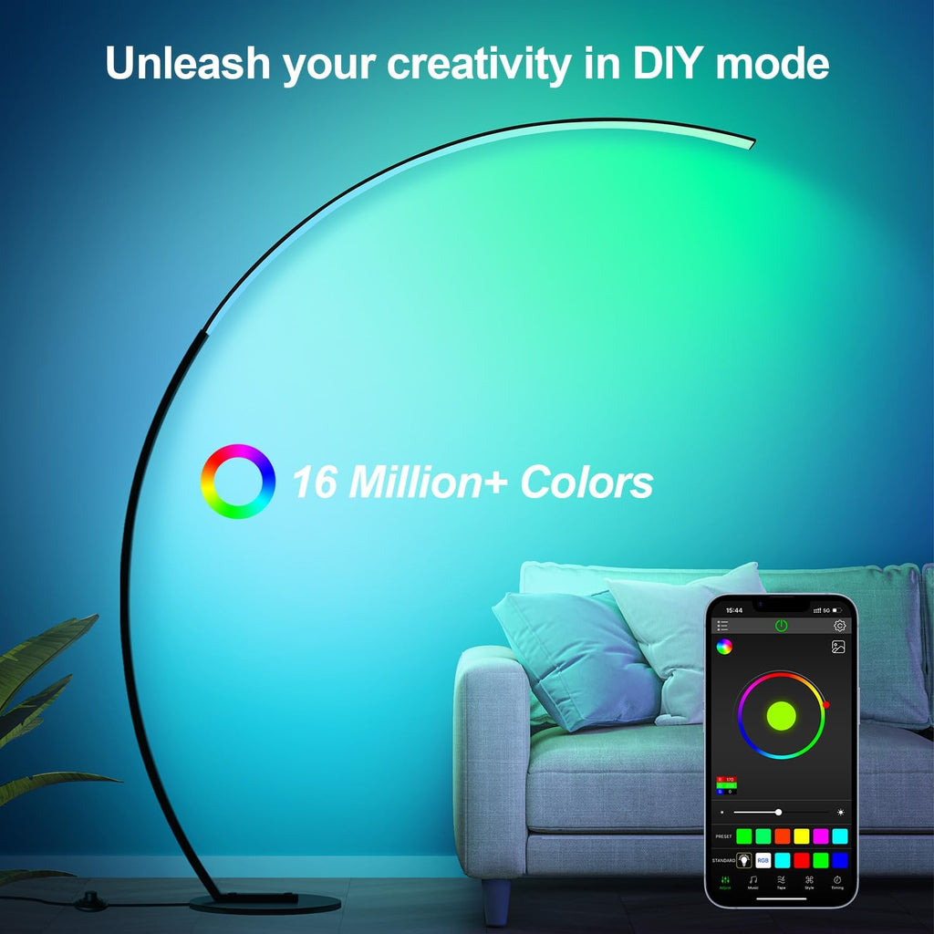 RGB Floor Lamp with 3 Color Temperatures, Ultra Bright 1800LM Smart Arc LED Floor Lamp with Remote Control, Music Sync, Scene Modes, Modern Standing Tall Lamp