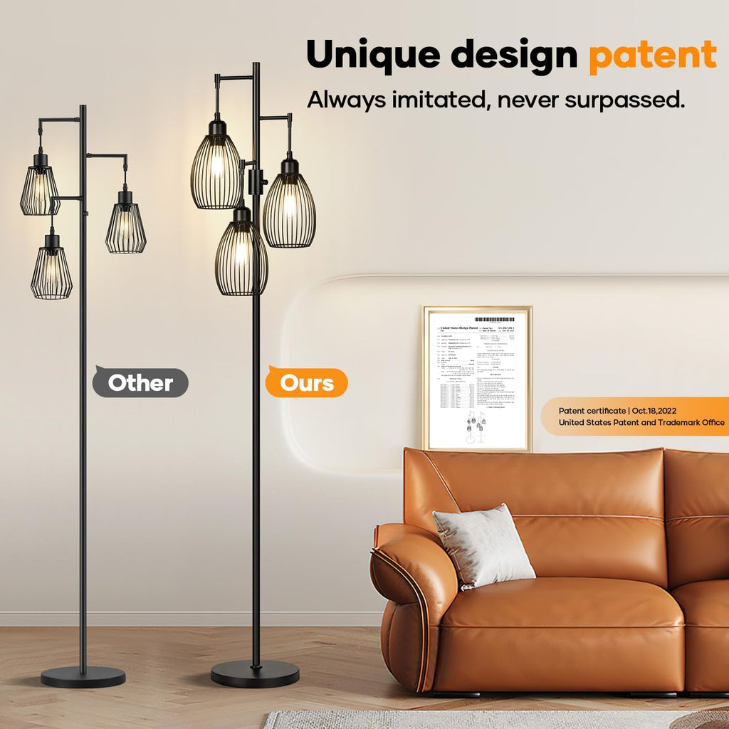 Dimmable Floor Lamp, 3 x 800LM LED Edison Bulbs Included, Farmhouse Industrial Floor Lamp Standing Tree Lamp with Elegant Teardrop Cage Tall Lamps