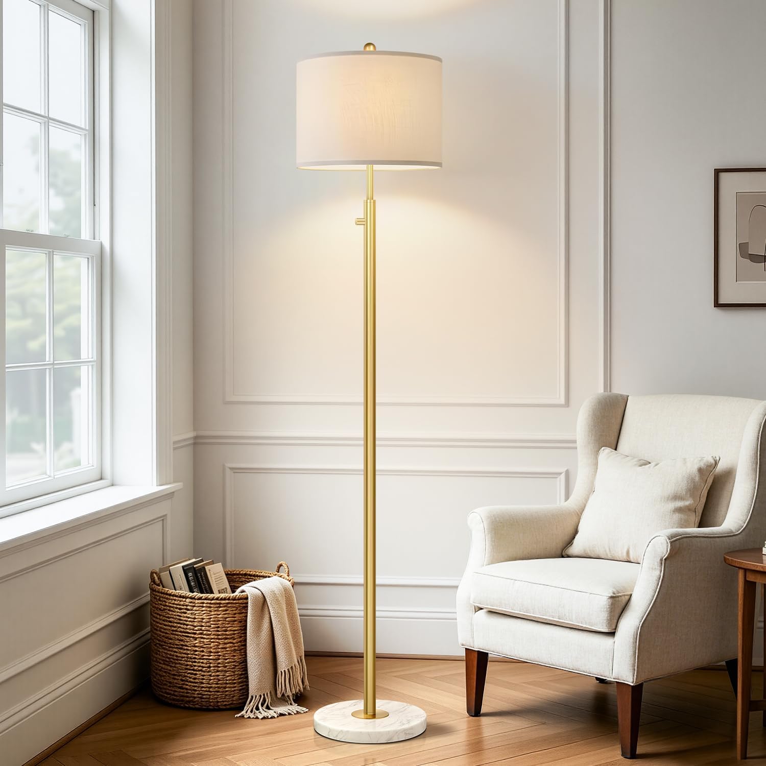 Dimmable Gold Floor Lamps for Living Room, 11W LED Bulb Included, Modern Standing Lamp with Marble Base, Tall Pole Light with White Linen Shade