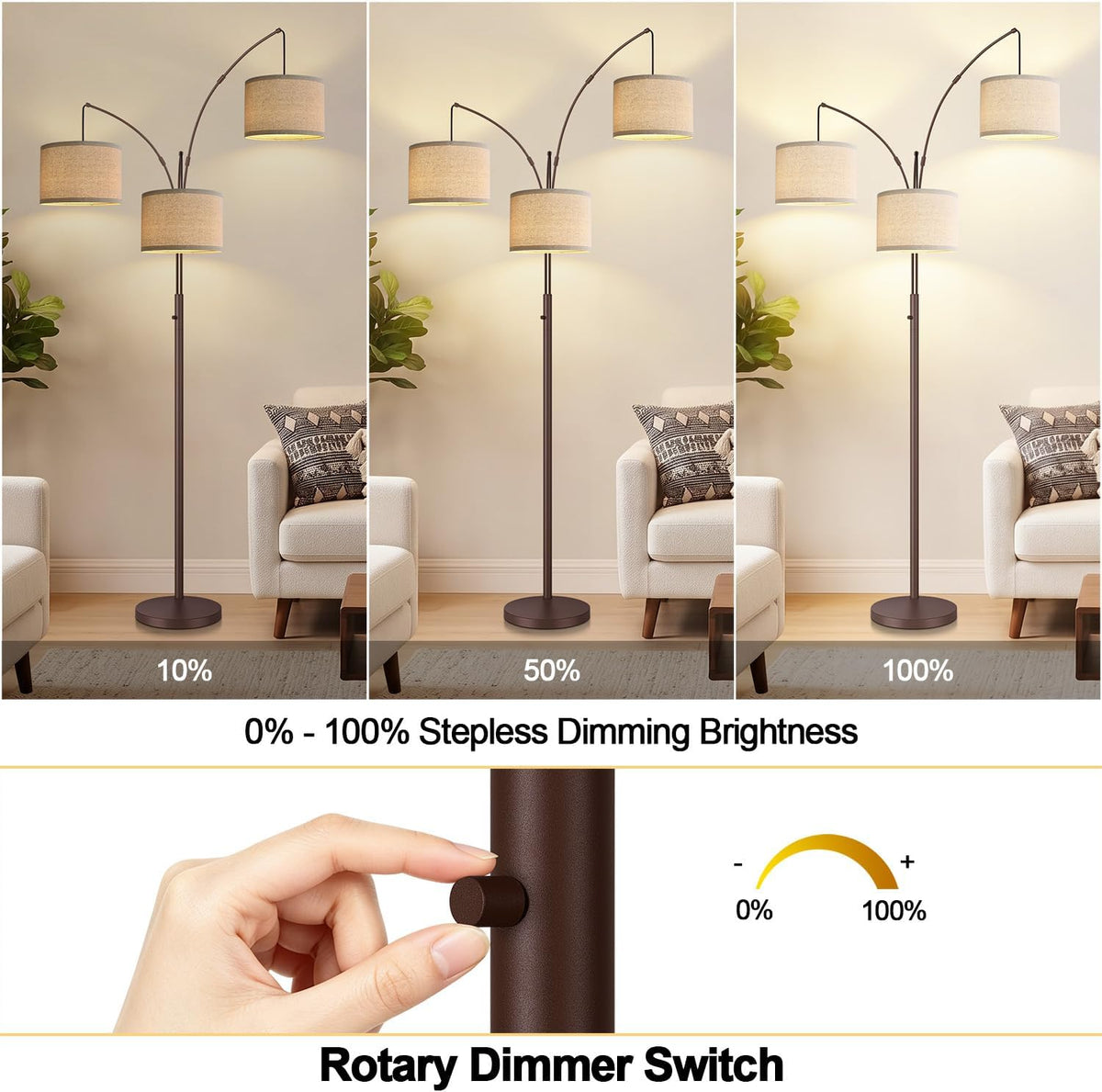 Dimmable Floor Lamp - 3 Lights Gold Arc Floor Lamps for Living Room, 1000LM Modern Tall Standing Lamp with Black Shades&Heavy Base,3 LED Bulbs Included-Matte Brown