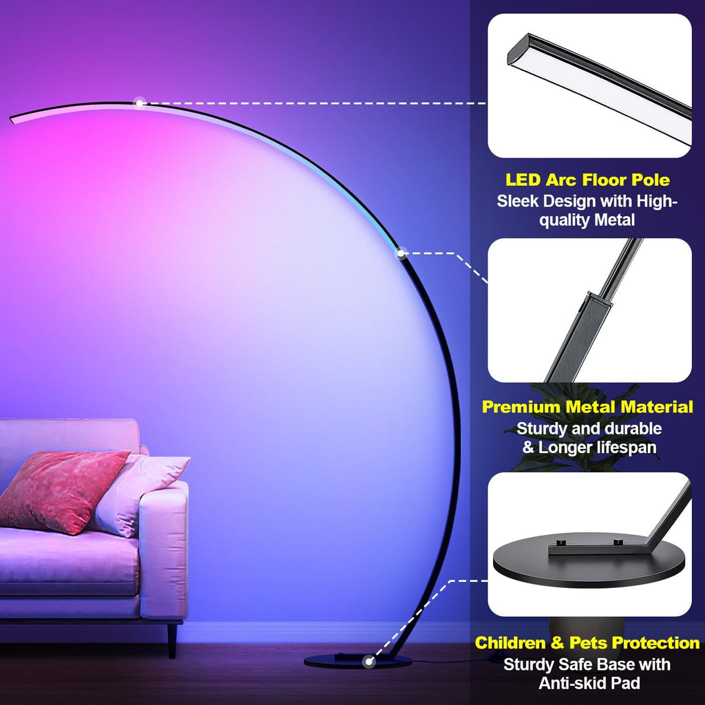 RGB Floor Lamp with 3 Color Temperatures, Ultra Bright 1800LM Smart Arc LED Floor Lamp with Remote Control, Music Sync, Scene Modes, Modern Standing Tall Lamp