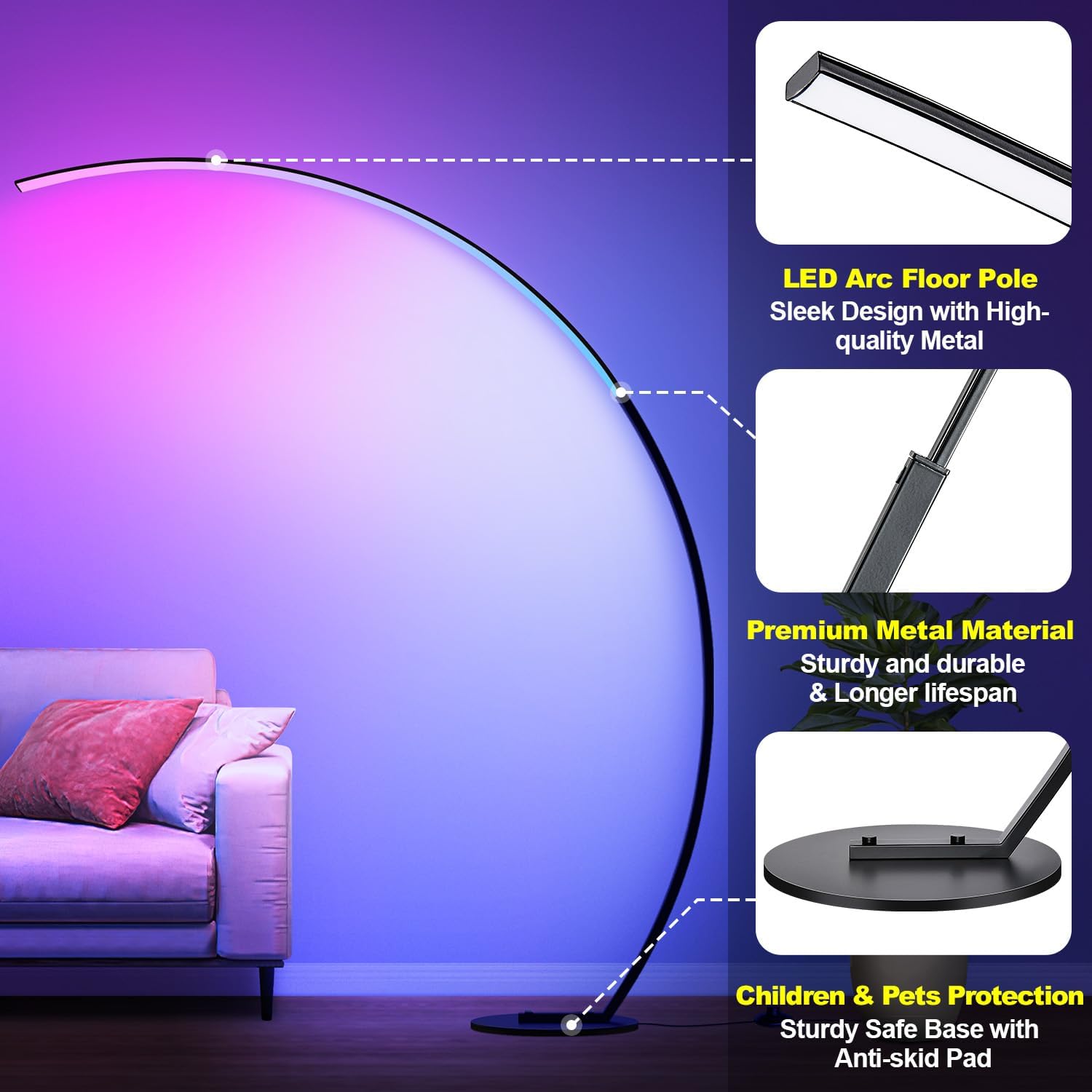 RGB Floor Lamp with 3 Color Temperatures, Ultra Bright 1800LM Smart Arc LED Floor Lamp with Remote Control, Music Sync, Scene Modes, Modern Standing Tall Lamp