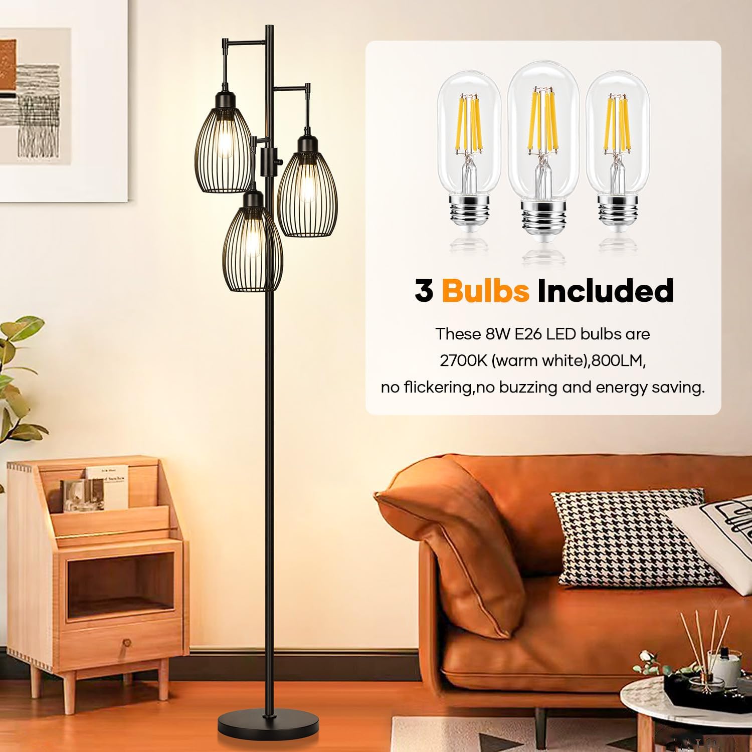 Dimmable Floor Lamp, 3 x 800LM LED Edison Bulbs Included, Farmhouse Industrial Floor Lamp Standing Tree Lamp with Elegant Teardrop Cage Tall Lamps