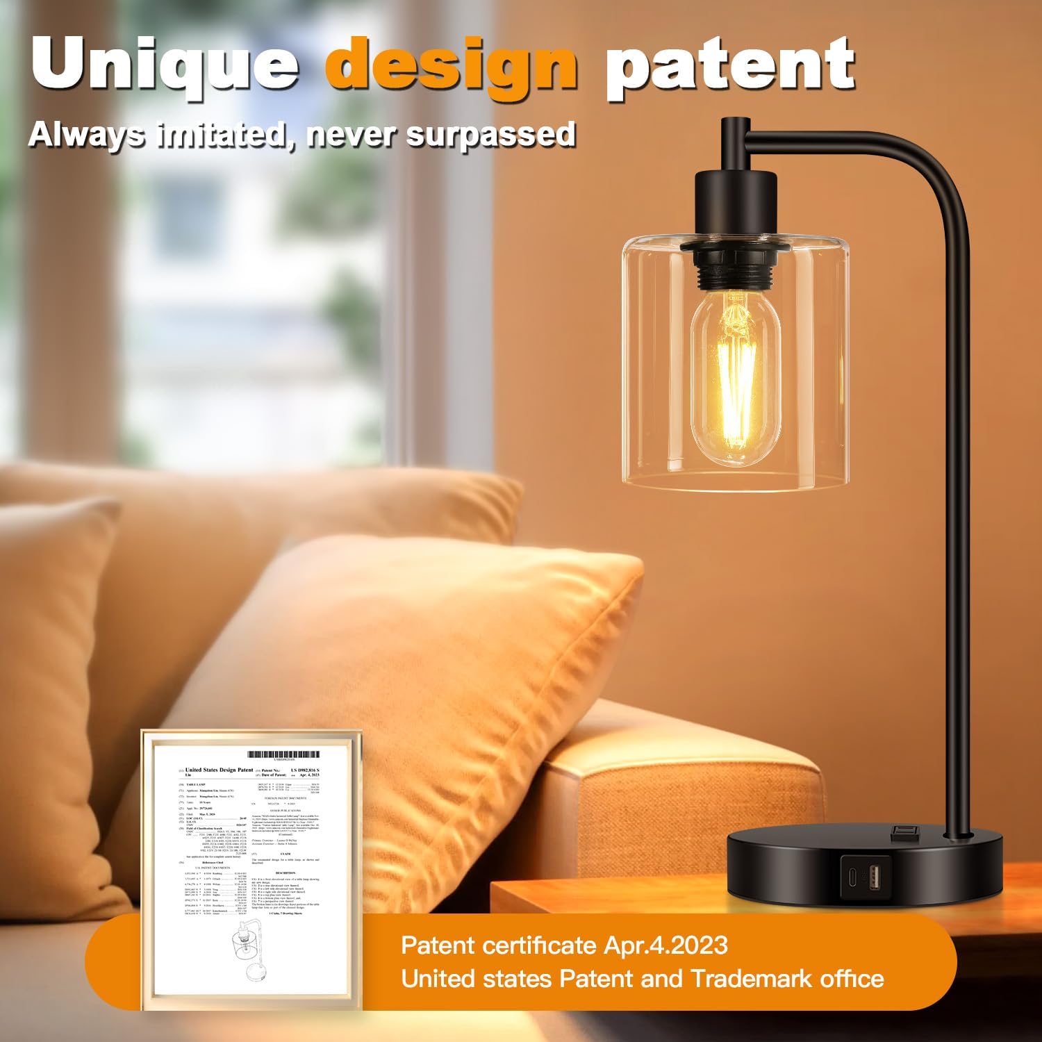 Set of 2 Industrial Touch Control Table Lamps with USB C+A Ports and AC Outlet - 3-Way Dimmable Black Bedside Lamps Nightstand Desk Lamps for Bedroom Living Room, Glass Shade & 2 LED Bulbs Included