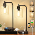 Set of 2 Industrial Touch Control Table Lamps with USB C+A Ports and AC Outlet - 3-Way Dimmable Black Bedside Lamps Nightstand Desk Lamps for Bedroom Living Room, Glass Shade & 2 LED Bulbs Included