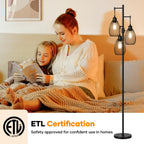 Dimmable Floor Lamp, 3 x 800LM LED Edison Bulbs Included, Farmhouse Industrial Floor Lamp Standing Tree Lamp with Elegant Teardrop Cage Tall Lamps